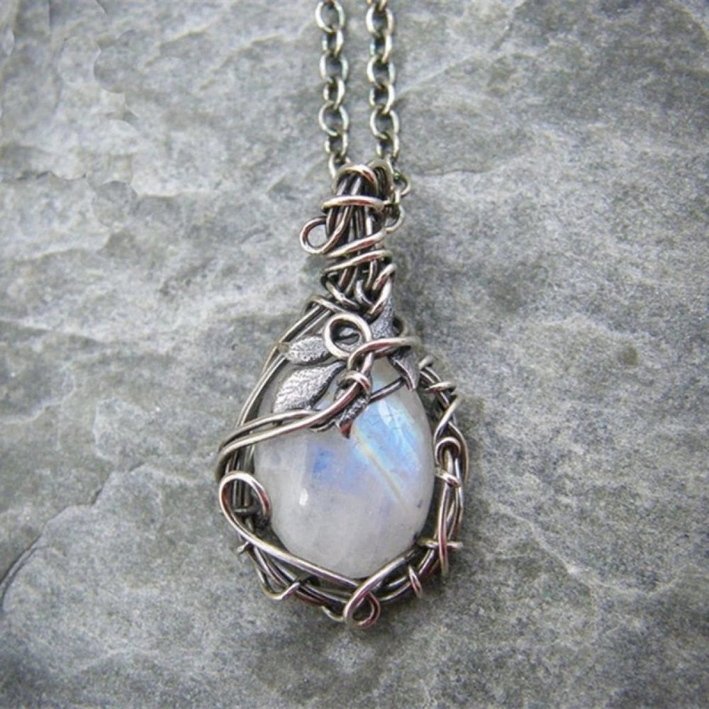 Wire-Wrapped Teardrop Moonstone Glass Necklace